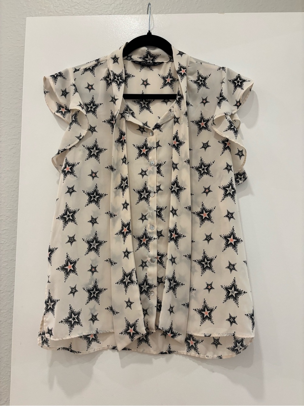 Zara Basic Button Up Star Print Cap Sleeve Ruffle Blouse